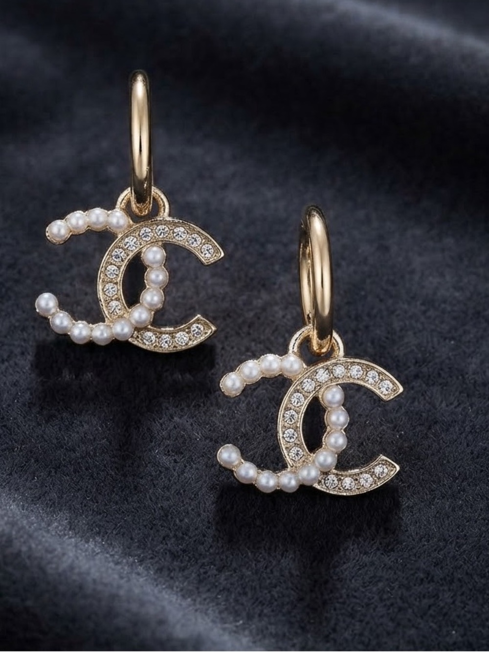 Gold Pearl & Crystal CC Charm Drop Earrings